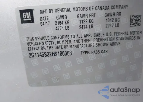 2017 Chevrolet Impala 2Lz from USA, damaged, VIN 2G1145S32H9186308